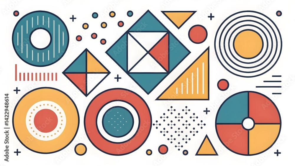 Obraz premium A composition of various geometric shapes arranged dynamically to create a sense of movement and modernity. Suitable for corporate designs, infographics, or contemporary art projects.