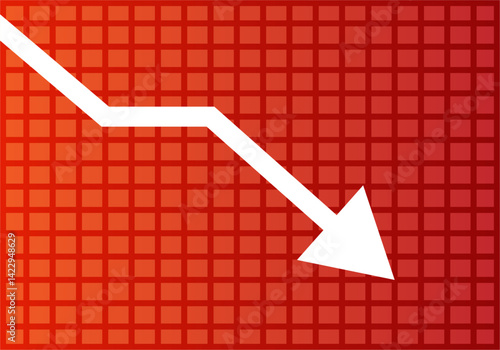 Flecha blanca en caída de crisis económica sobre fondo de cuadrícula den degradado rojo