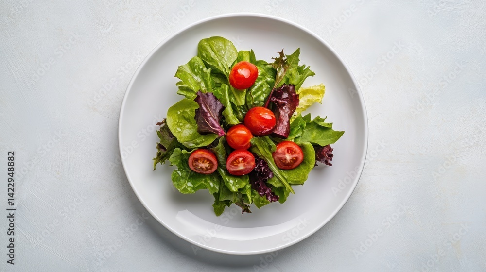 A top-down view of a white ceramic plate with a fresh salad on it, captured with soft, diffused lighting A top-down view of a white ceramic plate with a fresh salad on it, captured with soft, diffused lighting
