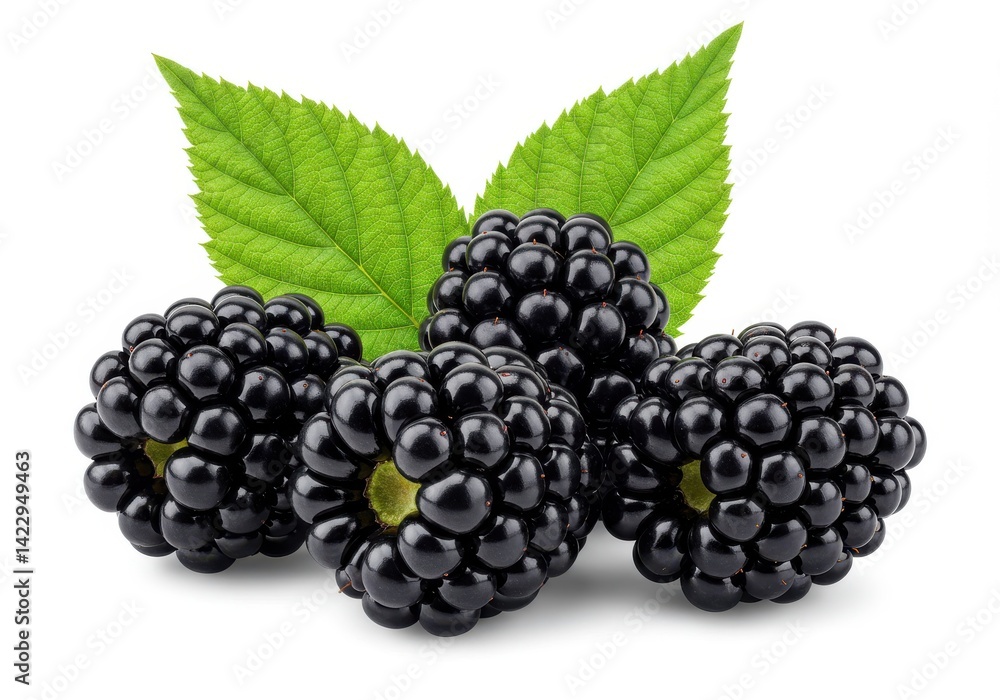 Close up of four blackberries with two green leaves on a white background in a studio shot Close up of four blackberries with two green leaves on a white background in a studio shot