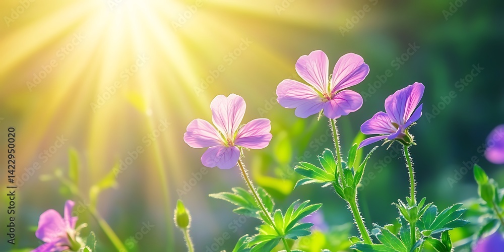 Purple flowers bloom in garden, illuminated by sun rays. Nature scene backdrop Purple flowers bloom in garden, illuminated by sun rays. Nature scene backdrop