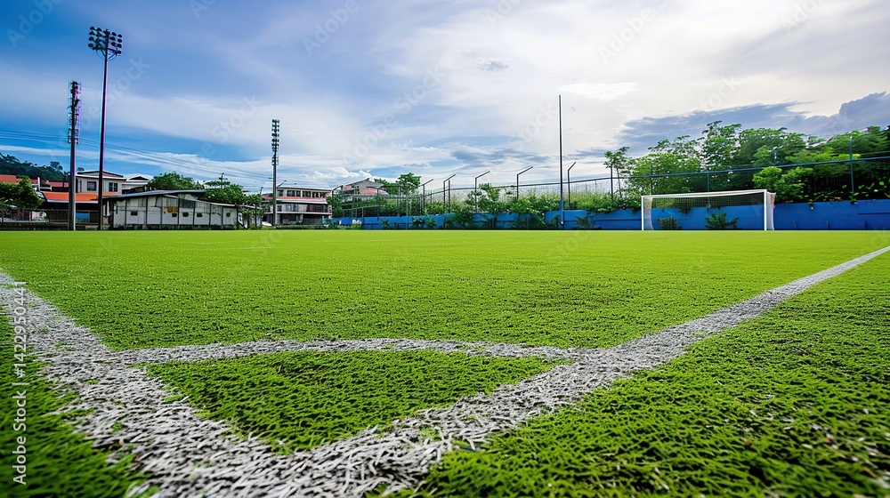 Obraz premium Soccer Field Under Blue Sky