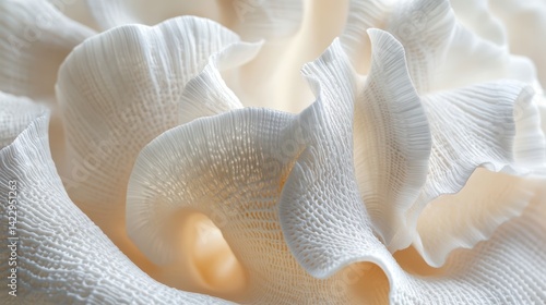 A close-up of a white seashell on a white background, captured with soft diffused lighting to show the texture