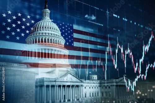 picture of the United States Capitol building with a graph of the stock market. Scene is serious and important, as it combines two important aspects of American life: government and finance