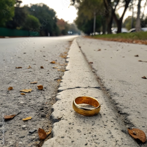 gold ring lost in isolated urban area on the road, no people in the background.  