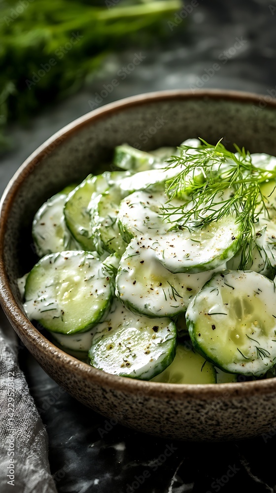 Creamy Cucumber Dill Salad CloseUp in Bowl with Yogurt Dressing and Herbs Creamy Cucumber Dill Salad CloseUp in Bowl with Yogurt Dressing and Herbs