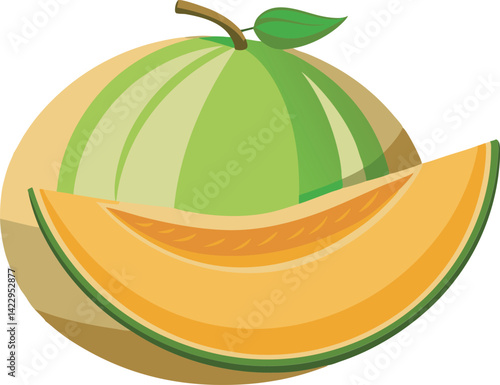 A vibrant vector art illustration of a delicious cantaloupe fruit, showcasing juicy texture, fresh slices, and vivid summery colors in detail.
