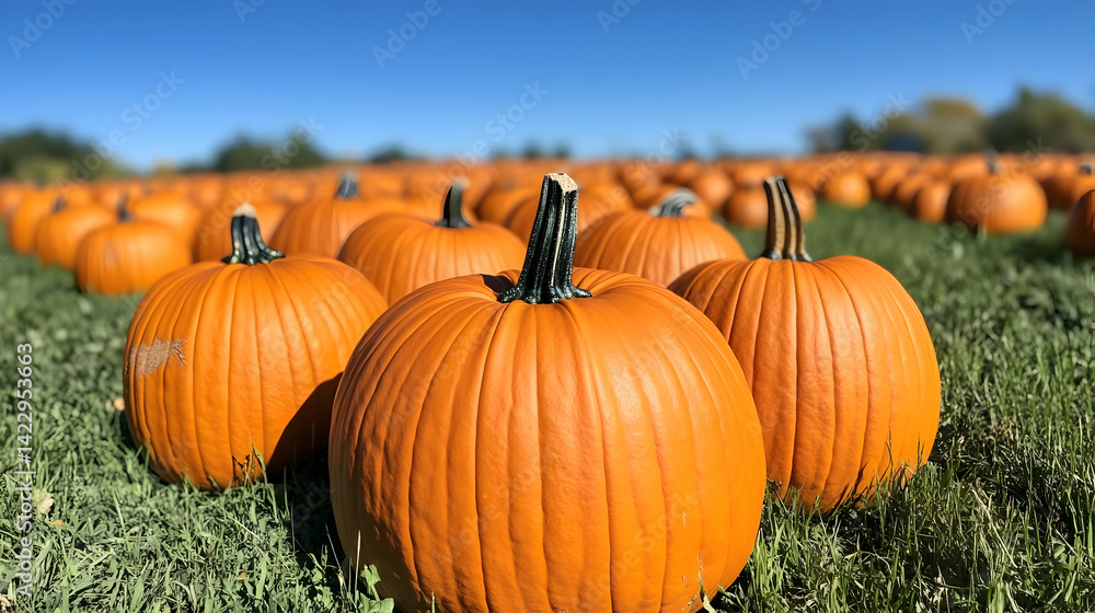 Endless field of bright orange pumpkins under a vibrant blue autumn sky Endless field of bright orange pumpkins under a vibrant blue autumn sky