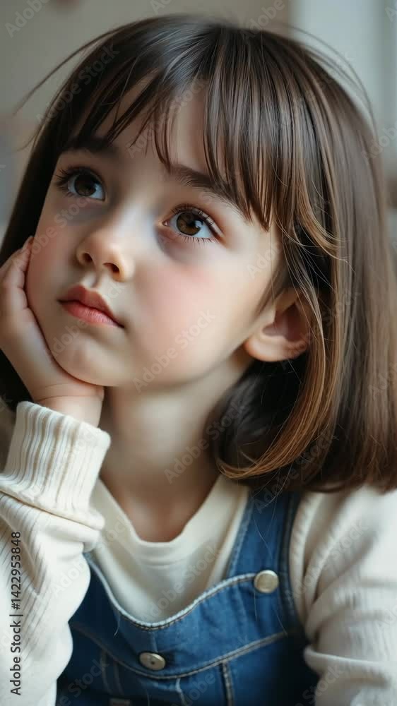 Young girl looks thoughtful with a serious expression on her face while resting her chin on her hands, seemingly lost in contemplation Young girl looks thoughtful with a serious expression on her face while resting her chin on her hands, seemingly lost in contemplation