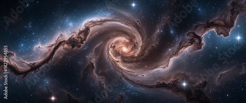 Nebula swirling in the depths of space with distant stars wide angle panoramic view horizontal symmetric background