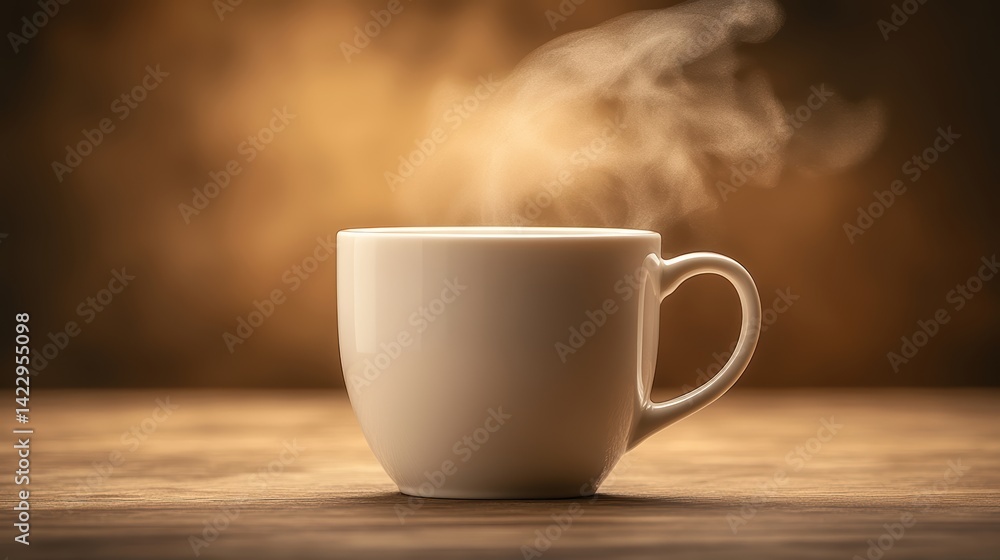 A macro shot of a white porcelain mug with steam rising from it, illuminated with clean natural light to show the warmth A macro shot of a white porcelain mug with steam rising from it, illuminated with clean natural light to show the warmth