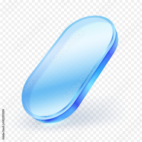 Crystal glass blank app icon button, 3d blue glass oval capsule shape isolated on a transparent background. Realistic vector illustration.