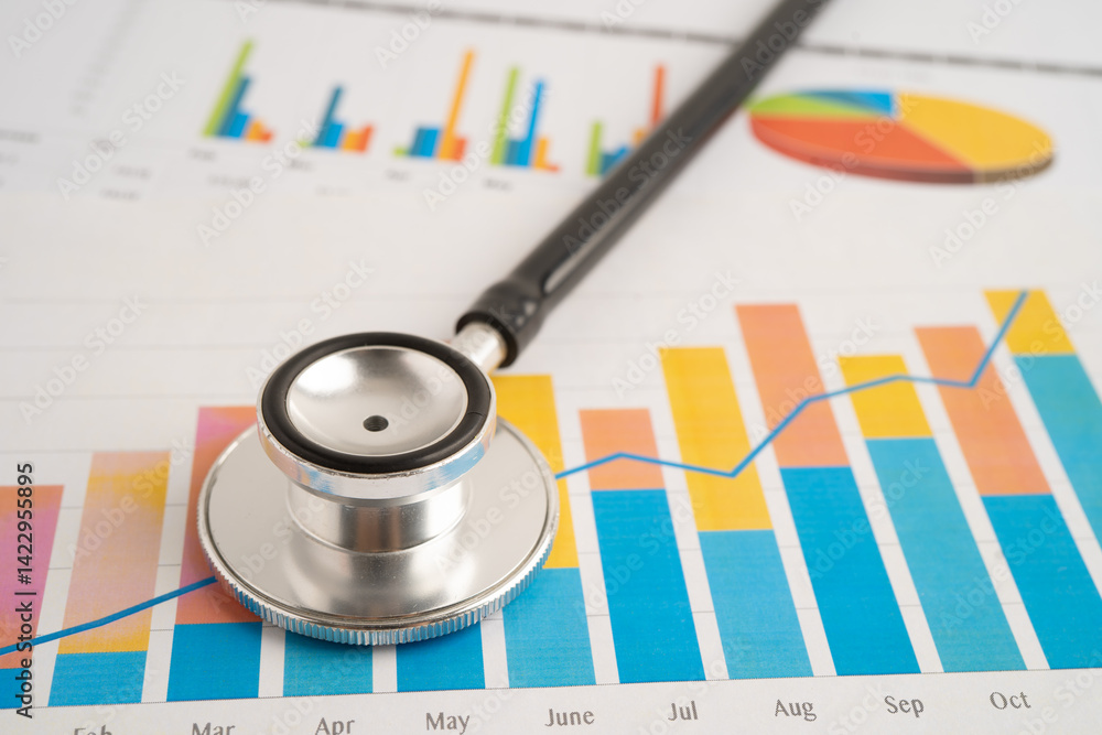 Fototapeta premium Stethoscope on spreadsheet and graph paper, Finance, Account, Statistics, Investment, Analytic research data economy and Business company.