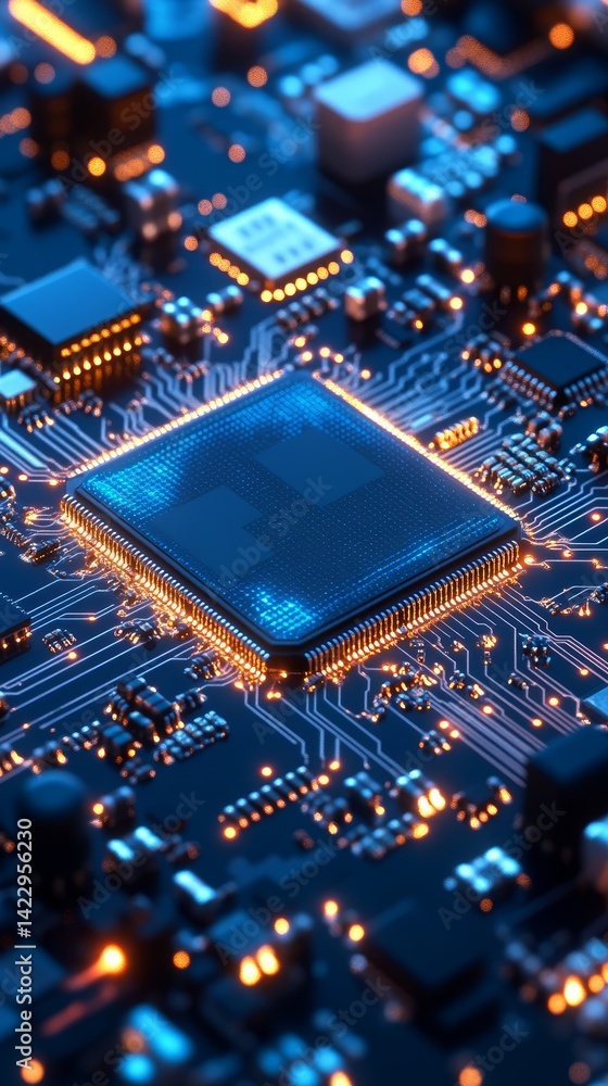Abstract AI circuit board background featuring interconnected blue lines and electronic components on a tech-themed backdrop, including a computer motherboard with a chip, processor, and semiconductor Abstract AI circuit board background featuring interconnected blue lines and electronic components on a tech-themed backdrop, including a computer motherboard with a chip, processor, and semiconductor