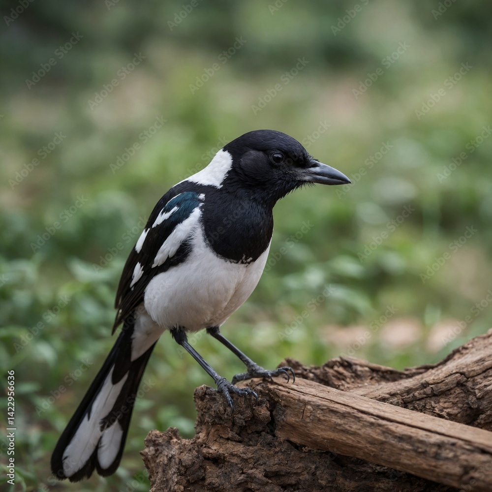 Eurasian Magpie bird on piece of wood Eurasian Magpie bird on piece of wood