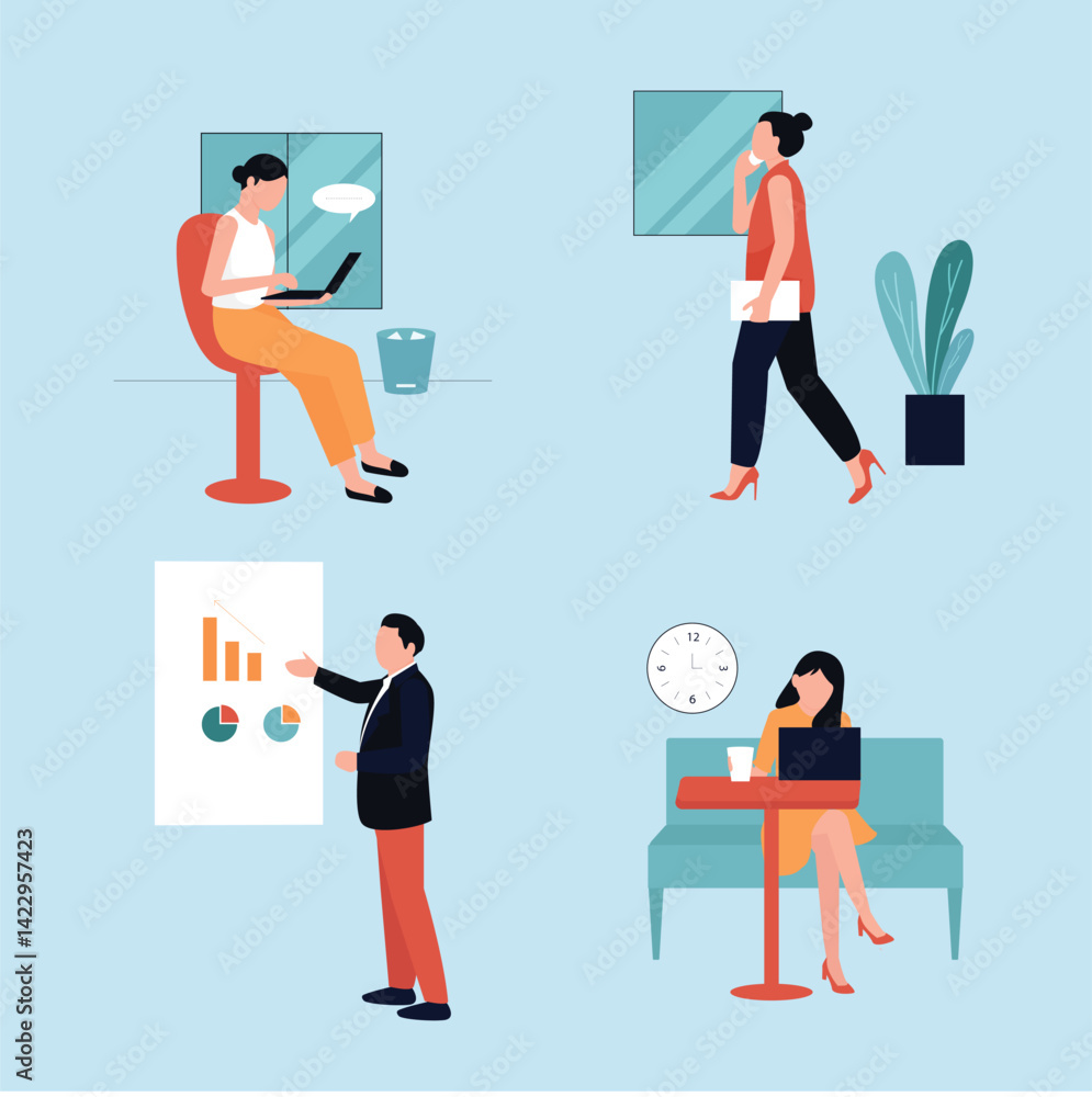 Obraz premium Business People Working in Office, Flat Vector Illustration