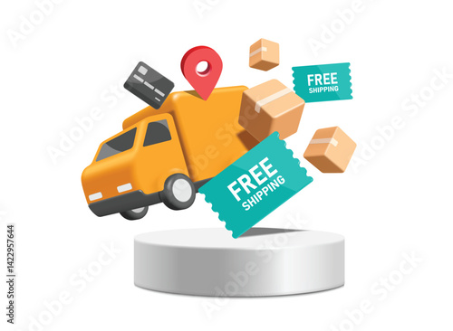 Yellow container truck is going to deliver the goods packed in parcel boxes or cardboard boxes to customers after customers pay with their credit cards and get promotion as free shipping, vector 3d