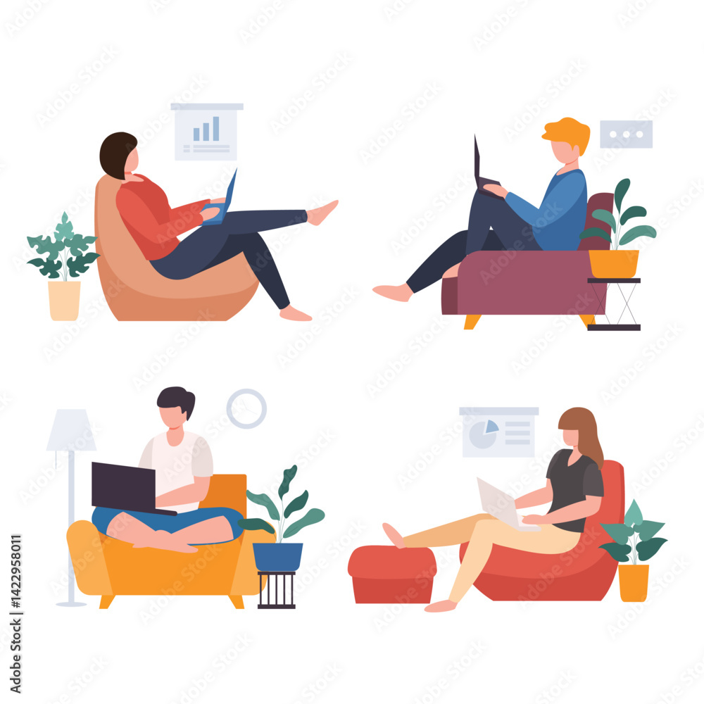 Remote Work: Diverse People Working from Home on Laptops Remote Work: Diverse People Working from Home on Laptops