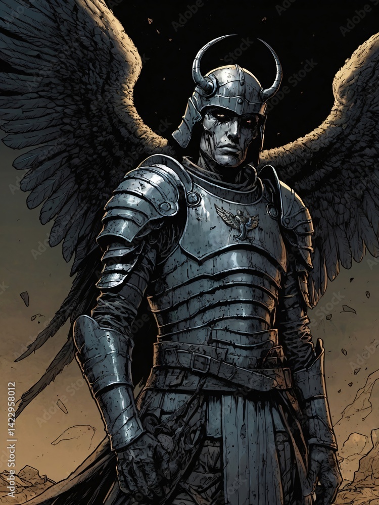 Fototapeta premium Wings of Ruin – The Fallen Angel in Ancient Armor