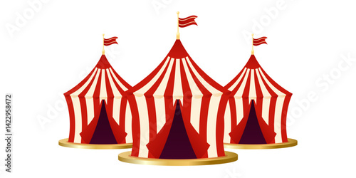 Three circus tent in flat style. Red, gold and beige colors. Vector illustration isolated on transparent background