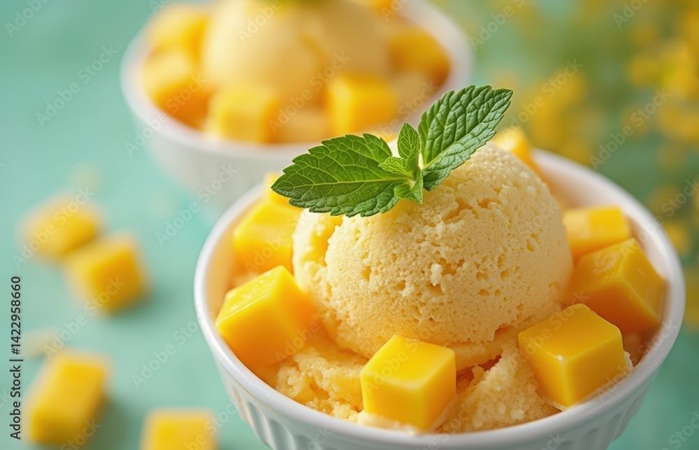 Refreshing Mango Ice Cream, Cubes of Sweet Mango, and a Mint Garnish. A Summer Treat Refreshing Mango Ice Cream, Cubes of Sweet Mango, and a Mint Garnish. A Summer Treat