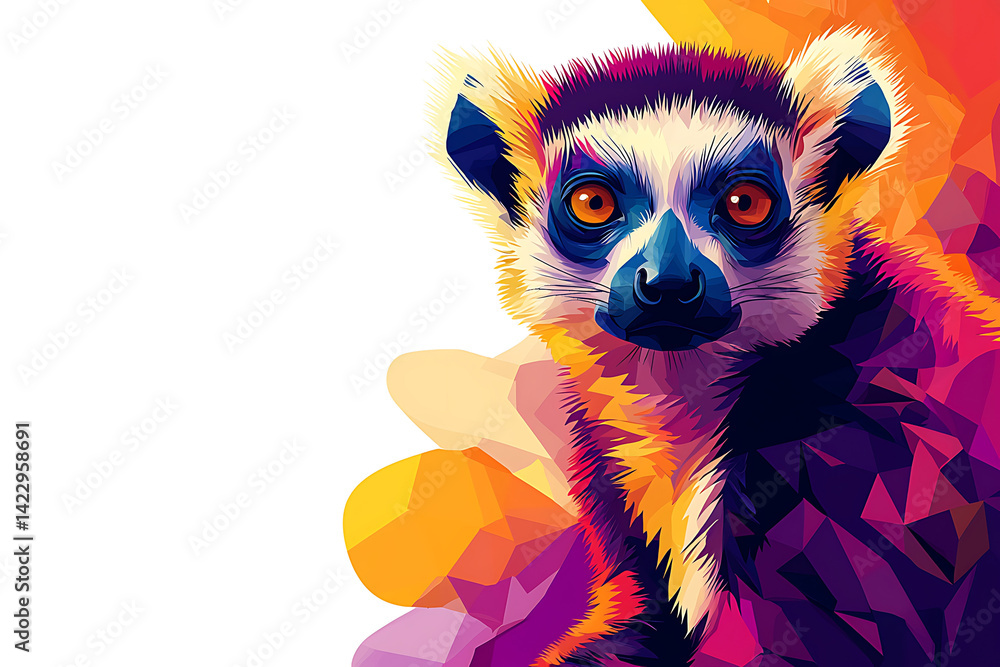 Fototapeta premium Colorful geometric illustration of a ring-tailed lemur featuring striking orange eyes and a vibrant patterned coat.