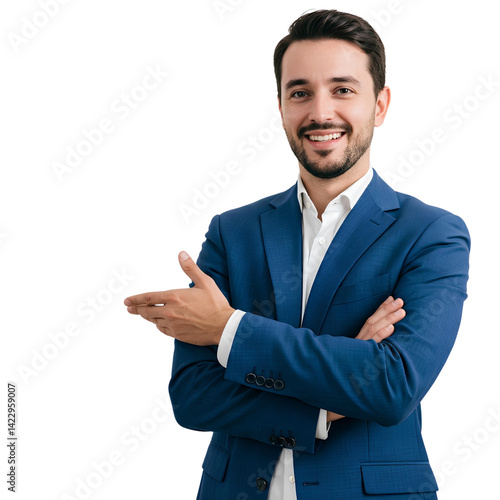 Smiling Businessman in Blue Suit Presenting to the Side
