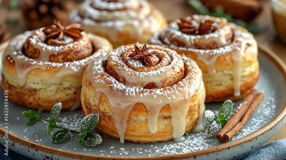Deliciously frosted cinnamon rolls topped with spices and icing on a beautifully arranged plate Deliciously frosted cinnamon rolls topped with spices and icing on a beautifully arranged plate