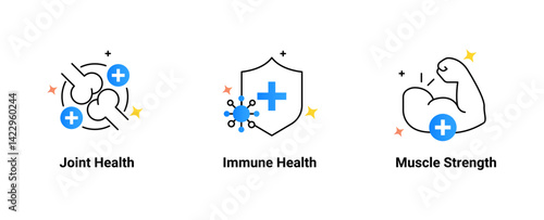 Health Support Icon Set – Joint Health, Immune Protection, and Muscle Strength Symbols for Wellness and Fitness Products