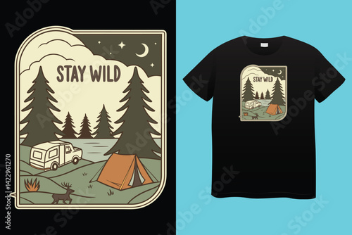 Starry night camping t shirt Design. Vector t shirt Design.