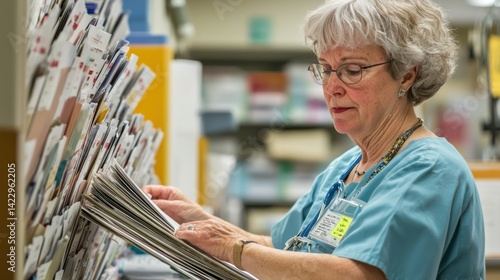 A hospital clerk filing medical records in a hospital office, with health-related materials in the background.