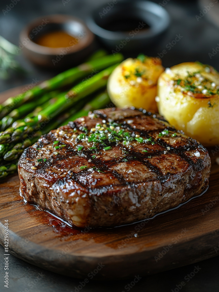 Juicy American steak grilled to perfection, served with asparagus and baked potatoes Juicy American steak grilled to perfection, served with asparagus and baked potatoes