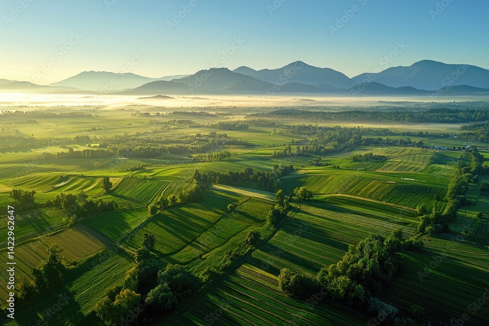 Obraz premium Verdant terraced fields, distant mountains shrouded in mist, early morning light casting long shadows over the landscape