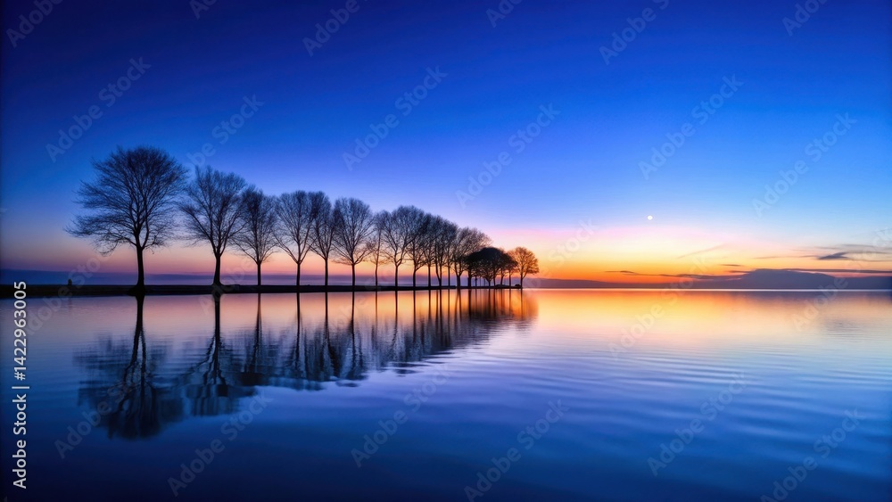 Fototapeta premium Serene Sunset Reflection A Line of Silhouetted Trees Mirrored in Tranquil Waters at Dusk