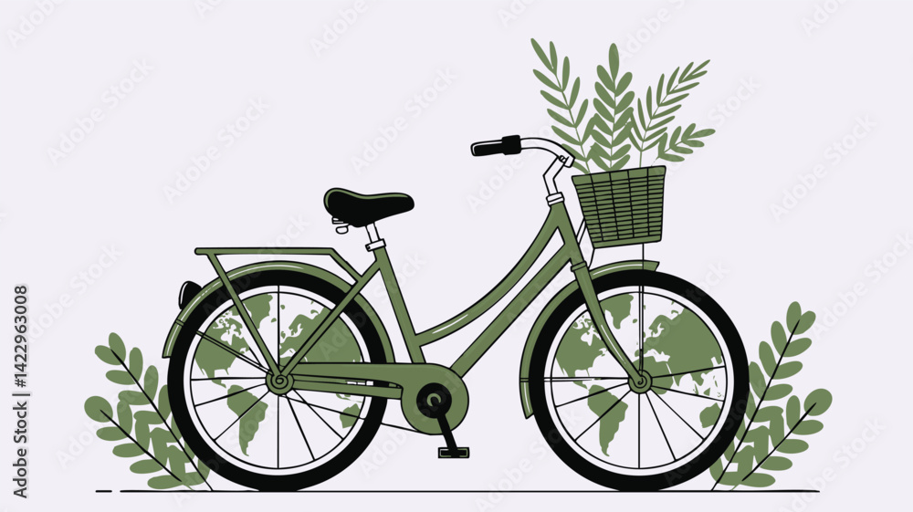 Fototapeta premium A charming illustration of a vintage-style bicycle with a basket and leaves, presented in a muted olive green color scheme