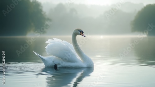 Fototapeta Naklejka Na Ścianę i Meble -  A front-facing shot of a white swan floating on a white lake, illuminated with soft, diffused natural light to capture its elegance