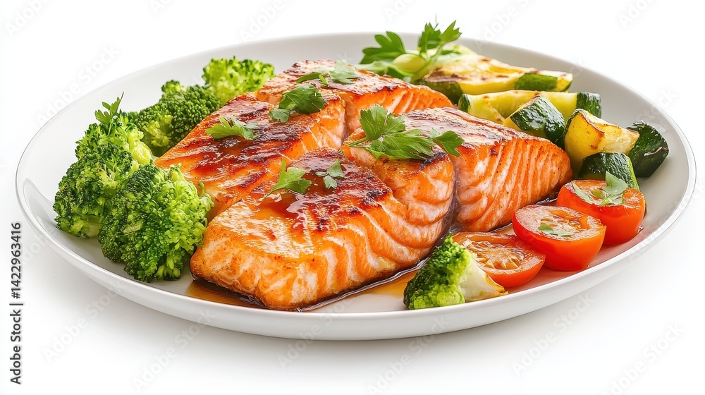 Grilled salmon fillet served with fresh broccoli and grilled vegetables. Showcase healthy food, dietary plans, or delicious restaurant meals. Grilled salmon fillet served with fresh broccoli and grilled vegetables. Showcase healthy food, dietary plans, or delicious restaurant meals.