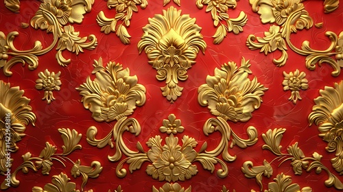 Wallpaper Mural Elegant Golden Thai Wallpaper Pattern with Intricate Floral Designs on a Vivid Red Background for Luxurious Interiors Torontodigital.ca