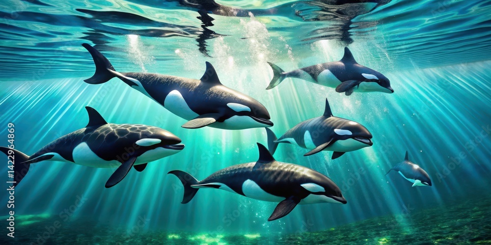 Obraz premium A pod of orcas gracefully swims in a vibrant underwater scene, sunlight filtering through the water, illuminating their sleek bodies and creating a mesmerizing spectacle