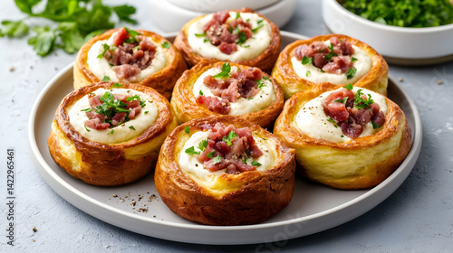 Savory puff pastry swirls filled with cream cheese and topped with chopped meat