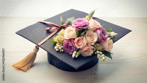 A celebratory graduation cap adorned with a delicate bouquet of pastel roses and other blossoms, symbolizing achievement and new beginnings