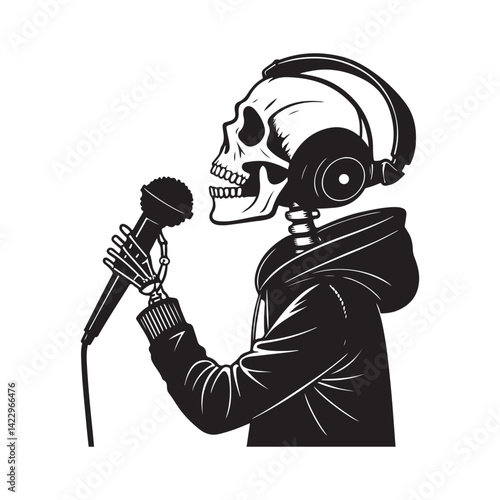 Silhouette of a little skeleton head with headphones and a microphone