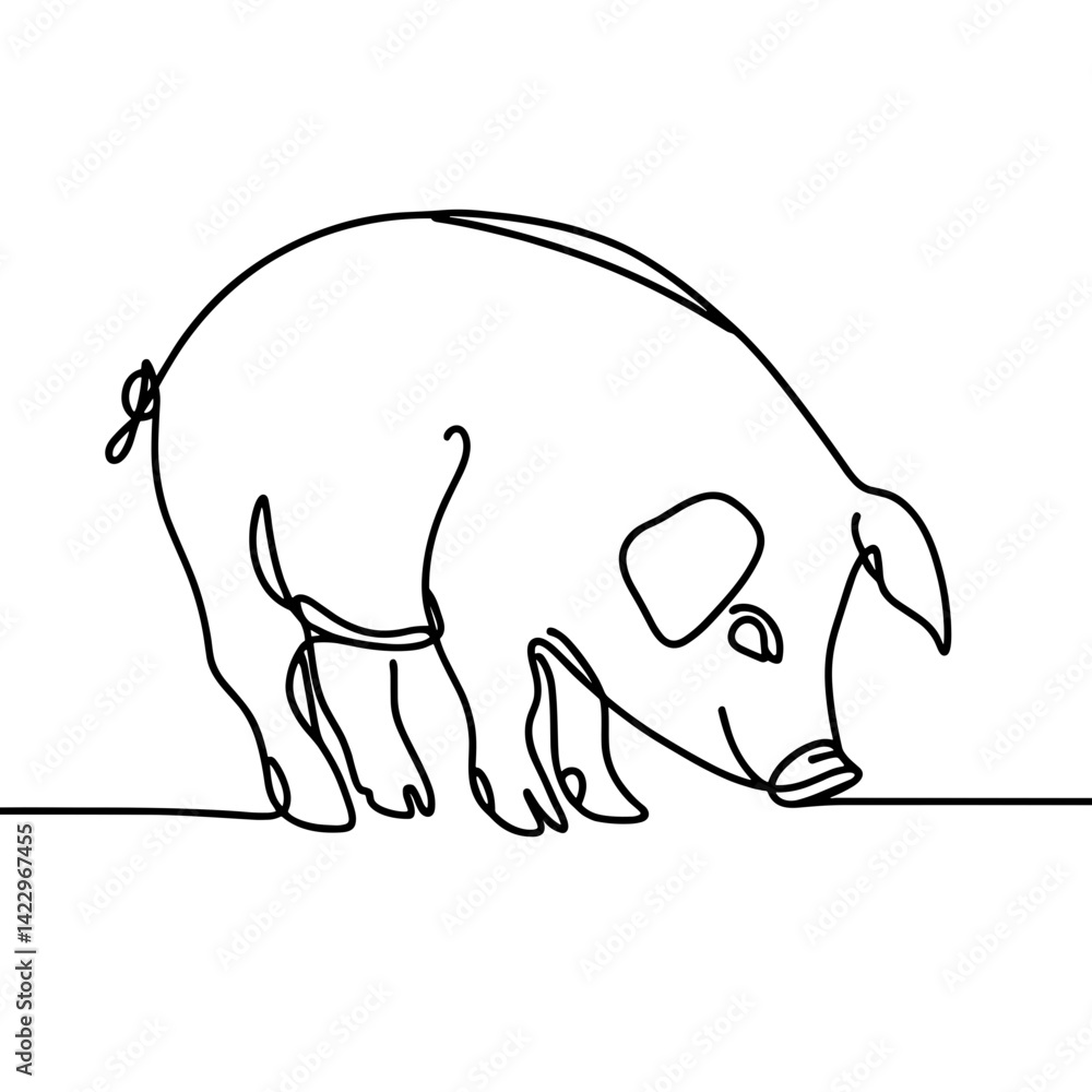 Fototapeta premium Pig sniffing ground in continuous line drawing