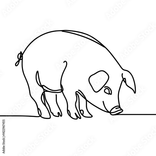 Pig sniffing ground in continuous line drawing