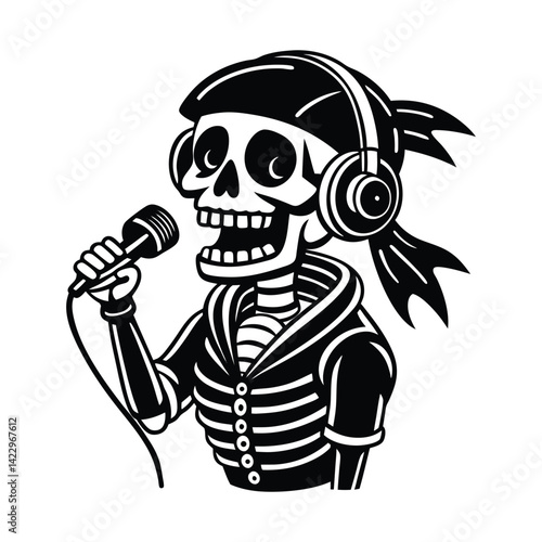 Silhouette of a little skeleton head with headphones and a microphone