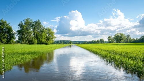 Scenic Overflown River Surrounded by Lush Greenery Under a Bright Blue Sky