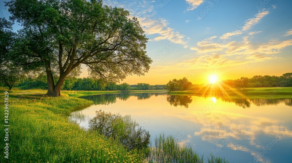 Obraz premium Vibrant Sunset Reflection on Peaceful Lake in Nature