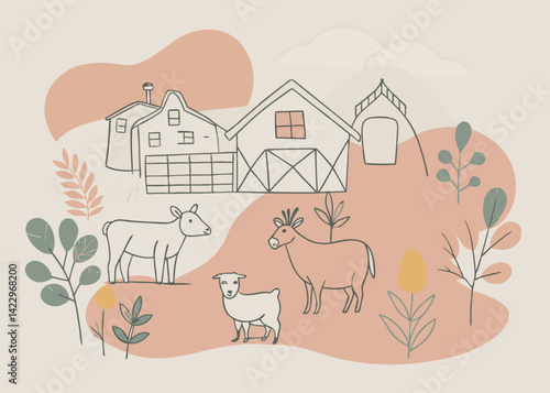 Farm Animals Illustration. Simple Farmhouse Scene with Animals