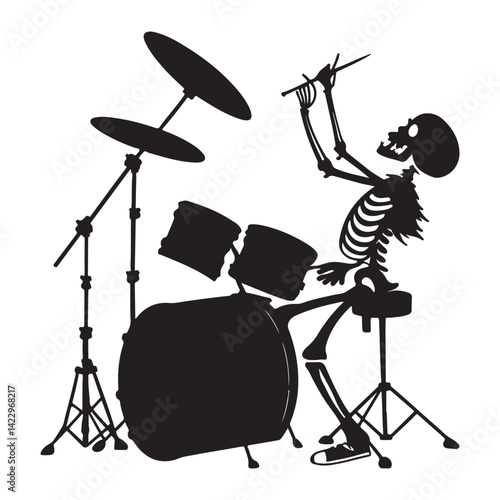 silhouette of little skeleton plays the drum set vector