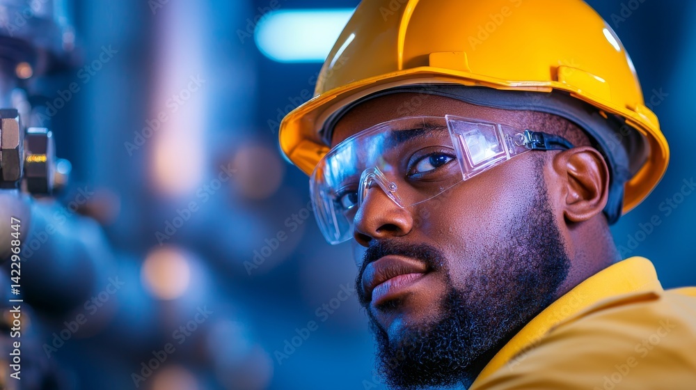 Technician Inspecting Machinery in Industrial Setting with Safety Gear and Focused Expression Under Blue Lighting Technician Inspecting Machinery in Industrial Setting with Safety Gear and Focused Expression Under Blue Lighting